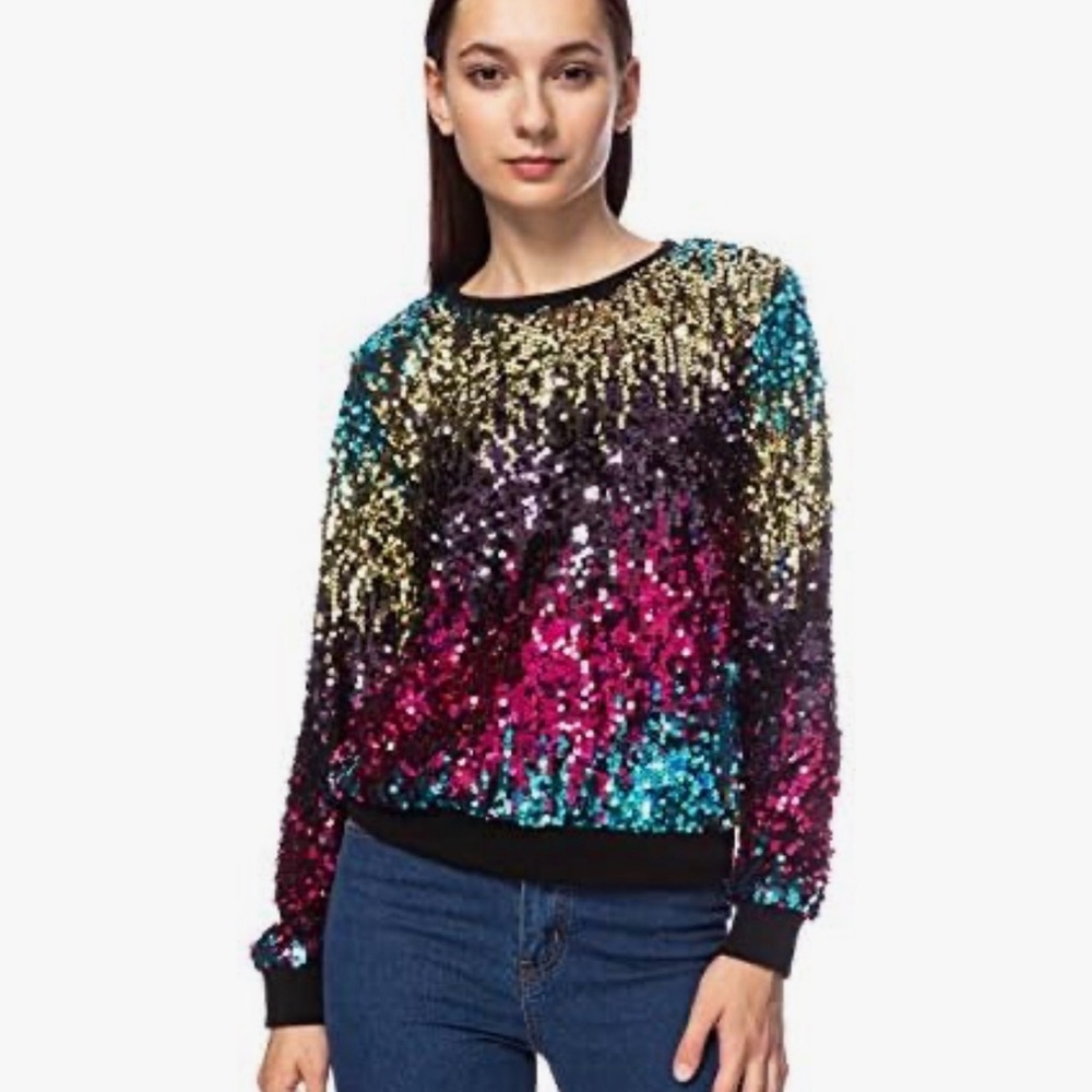 Anna-Kaci Women’s Glitter Sequin Sweatshirt Pullover | XL | Mardi Gras